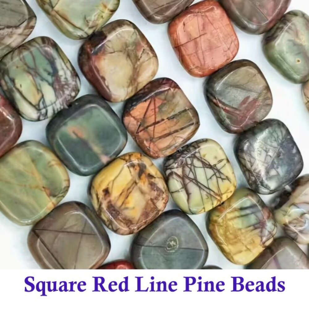Square Red Line Pine  Beads - 14mm  - 7" Strand - 13 beads